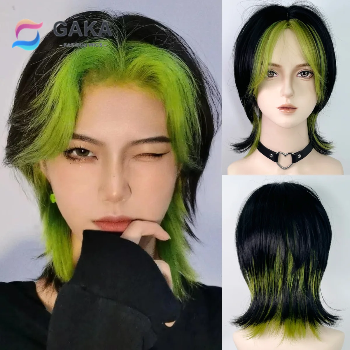 GAKA Synthetic Role Play Wig Mullet Head Wig Natural Avocado Green High Quality Wig Boy