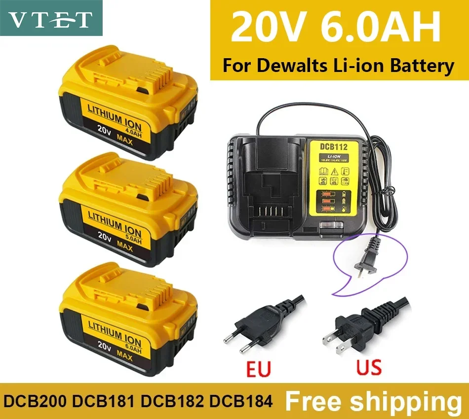 New 20V 6.0Ah MAX XR 18650 Tool Battery Power Replacement for DeWalt DCB184 DCB181 DCB182 DCB200 18V 6A 18v Battery with Charger