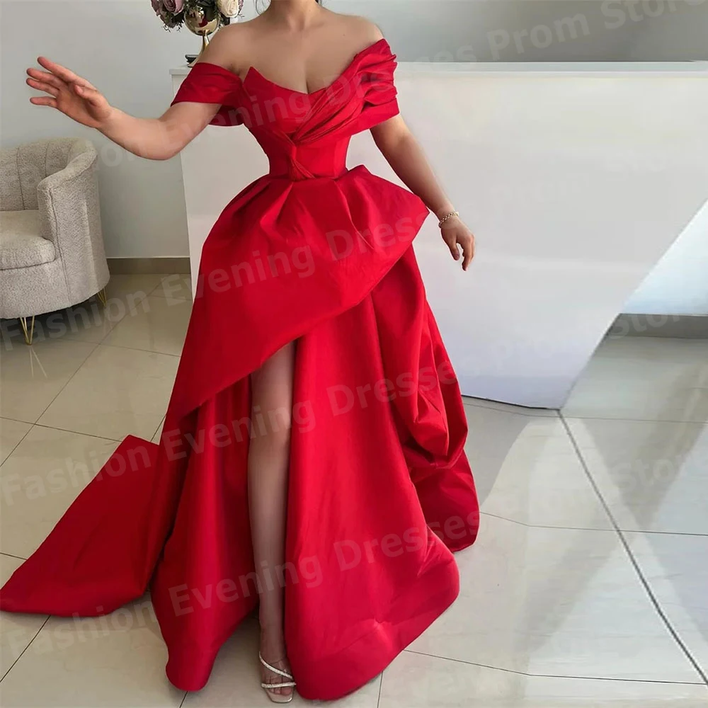 

Beautiful Red Women A Line Evening Dresses Off Shoulder Prom Gowns Customized Sleeveless Side Slit Vestido De Gala Noche Mujer