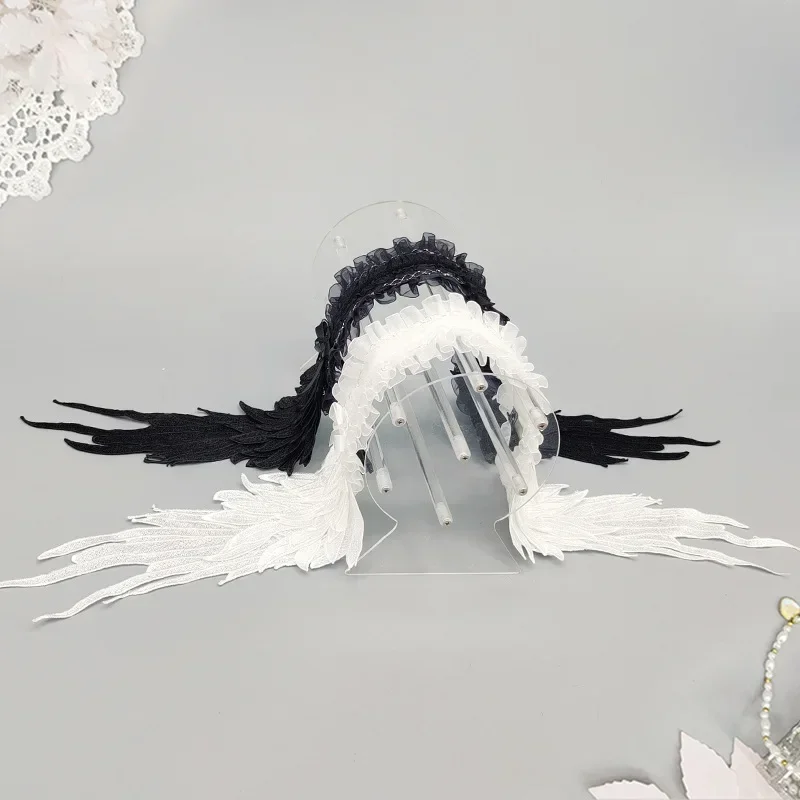 Gothic Lolita Angel Wings Nakrycie głowy Dark Mori Kei Koronkowa opaska do włosów dla eleganckiej pokojówki EGA Cosplay Accessory