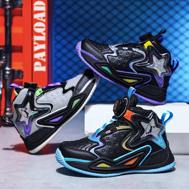 

Children's basketball shoes autumn and winter low top leather surface rotating buckle sports shoes fashionable boys' shoes