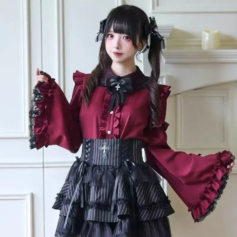 

Jirai Kei Lolita Blouse Kawaii Top Женская милая рубашка в японском стиле с бантом Y2K Элегантные милые повседневные эстетические топы с длинными рукавами