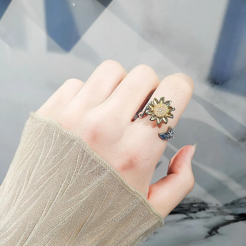 Sunflower Crystal Women's Ring Anxiety Relief Anti-Stress Spinning Aesthetic Adjustable Wedding Finger Ring bague femme view 6