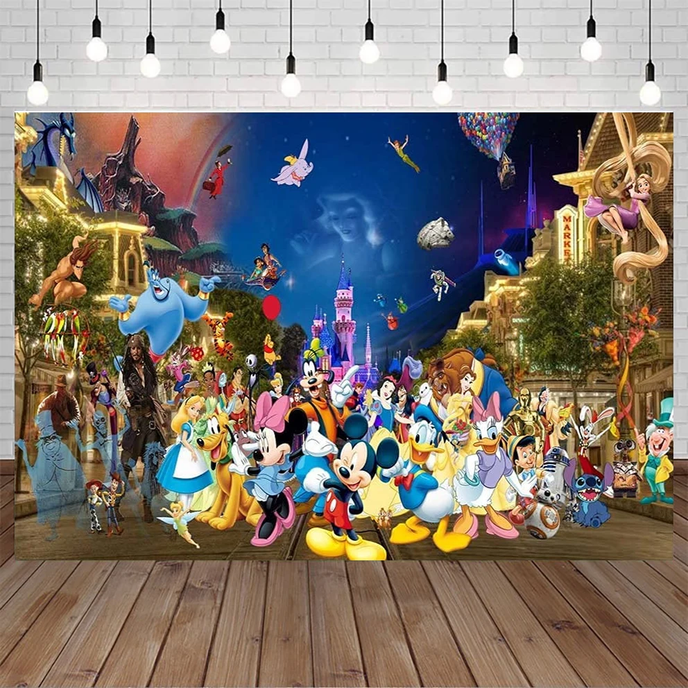 Disneyland Main Street Backdrop Happy Birthday Pink Disneyland Castle All Character Background for Kids Vinyl Classic Poster