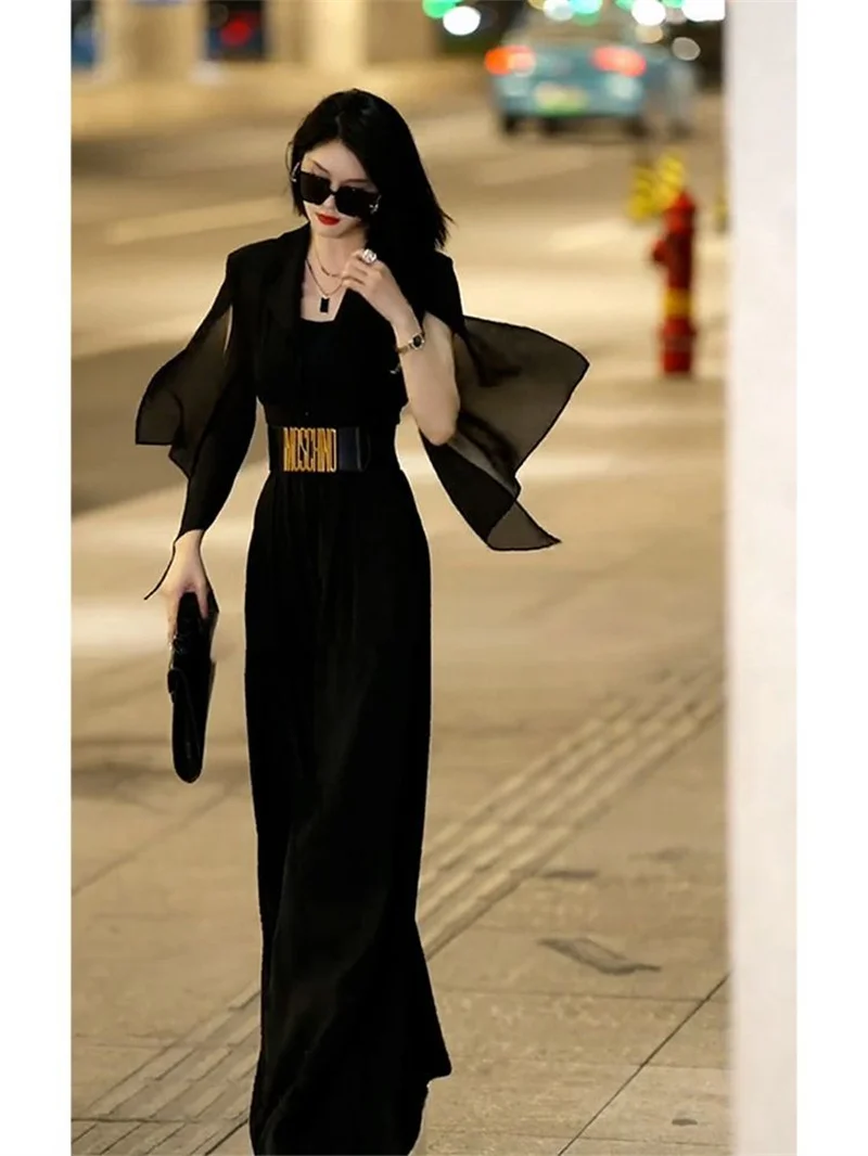 2025 verão fino ajuste moda explosiva rua high-end temperamento deusa fã em forma de pêra cintura cinched macacão para mulher