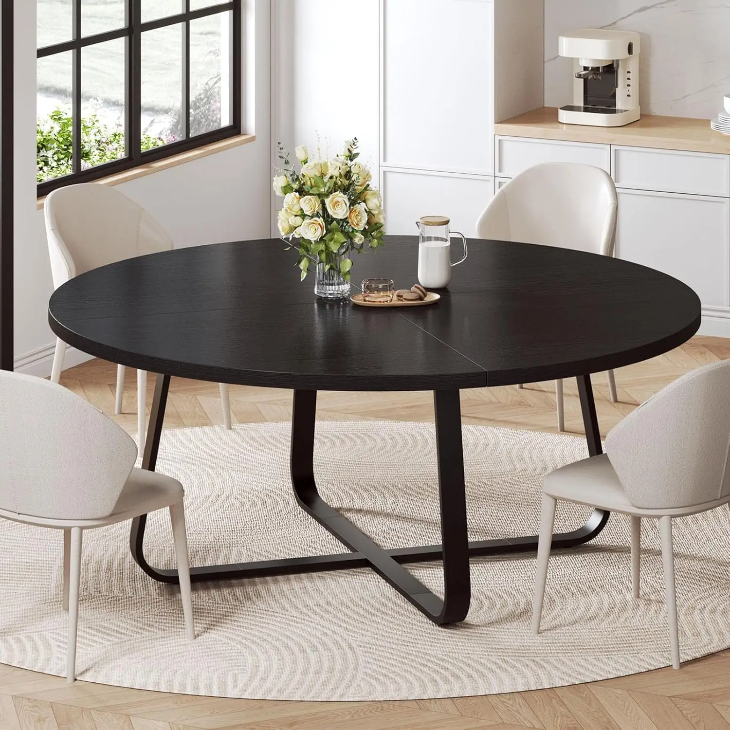 Black Round Dining Table for 6 to 8, 60” Modern Wood Metal Kitchen Table, Industrial Large Dinner Room Table,, Customized