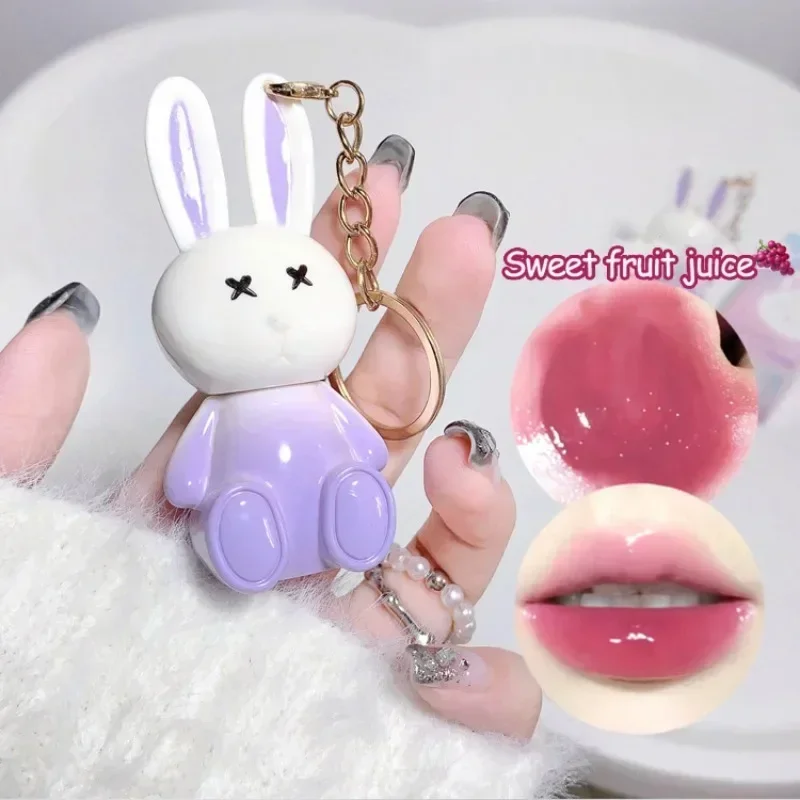 Girl's Little Rabbit Lip Gloss Keychain Grape Jelly Lip Tint Water Glossy Lip Glaze Ice Tea Moisturizing Hydrating Lipglass Tint