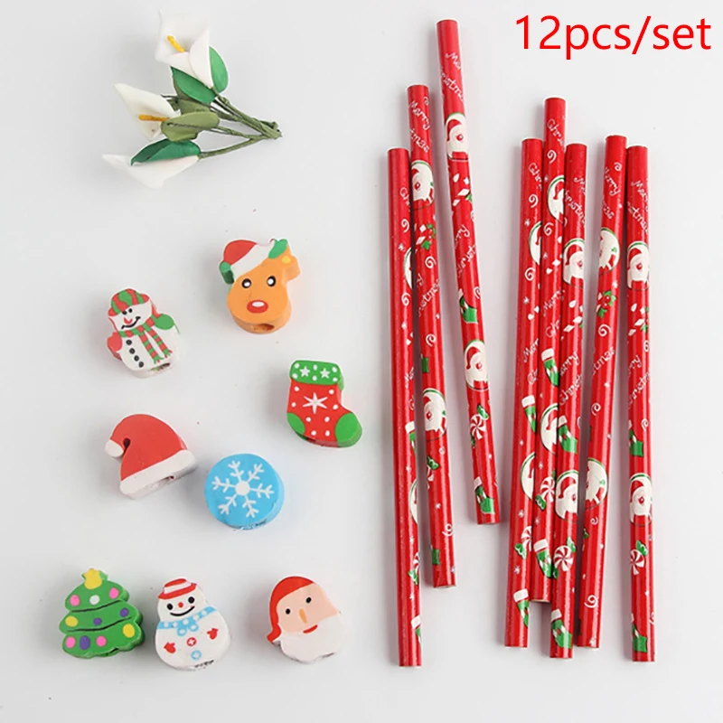 12pcs Christmas Theme Pencils Merry Christmas Pencils Eraser Topper Pencils Christmas Party Favor Wooden Xmas Pencils Random