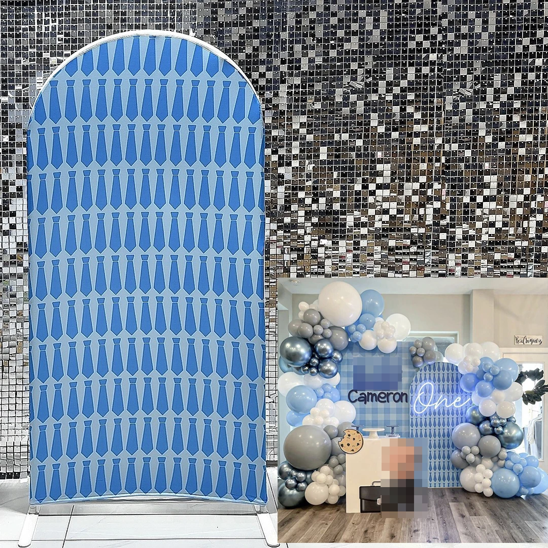 

Baby and Little Boss Arched Backdrop Covers Blue Ties Arch Stand Cover for Birthday Baby Shower Party Decoration GX-1951