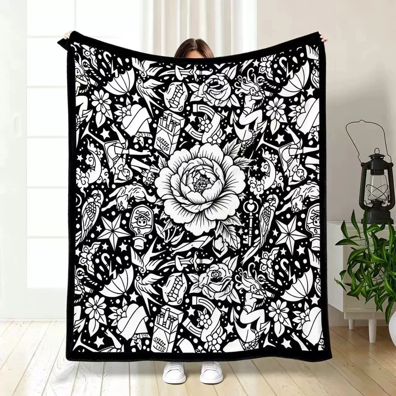 Multi Seaside Holiday Motif Doodle Black Backdrop Blanket Portable Warm Throw DIY blanket For Outdoor Travel Home Use
