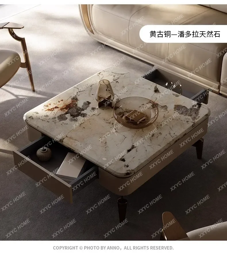 XX Luxury Square Coffee Table Modern Minimalist Living Room Small Apartment Pandora Stone Marble Look Gold Base