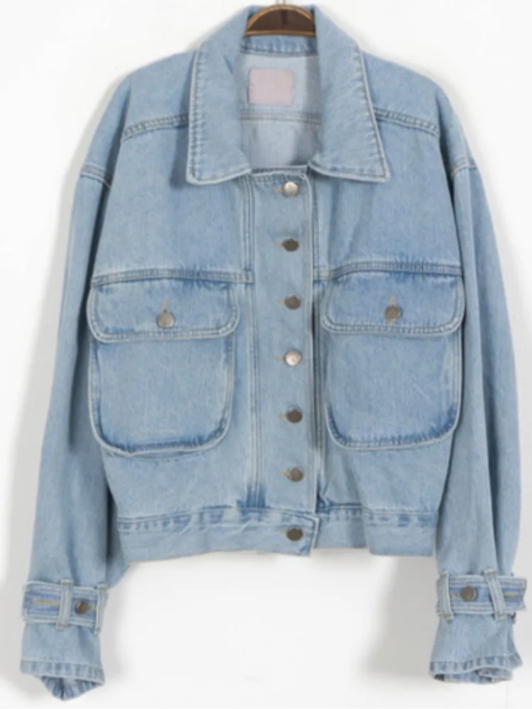 

Шикарная джинсовая куртка свободного кроя с отложным воротником Bubble Sve Multi-ket Wa Blue Женская верхняя одежда Faion