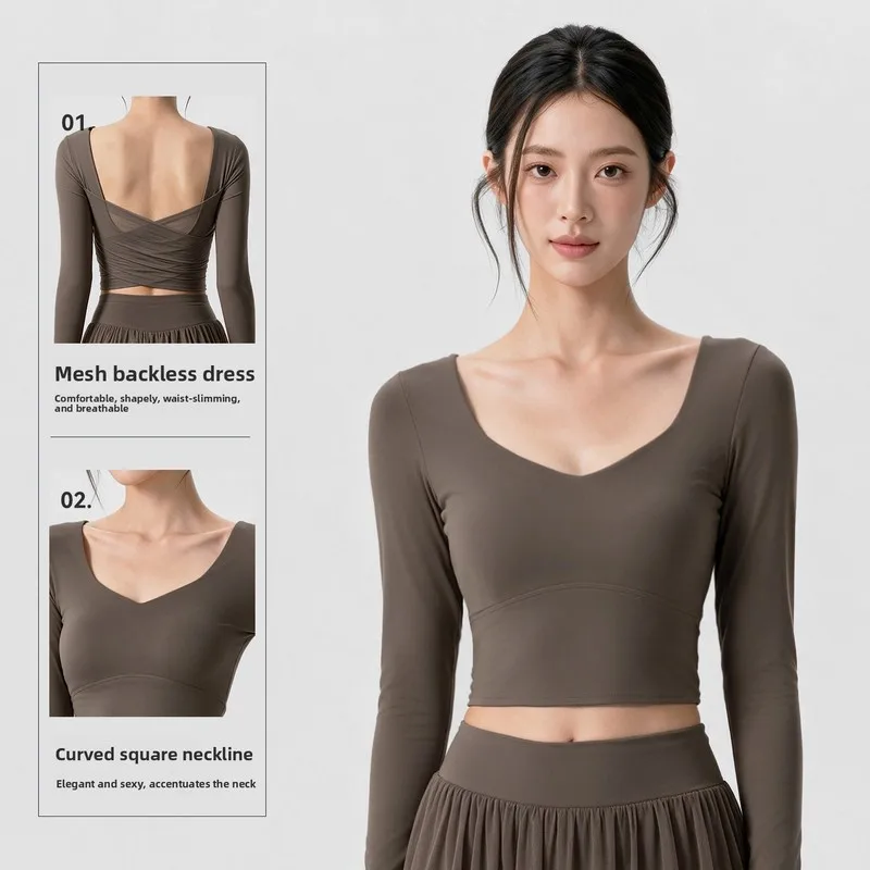Square Neck Long Sleeve Yoga Top for Women Built-in Bra Pads Sexy Cropped Fit  Mesh Breathable Pilates Gym WorkoutT-Shirt Tee