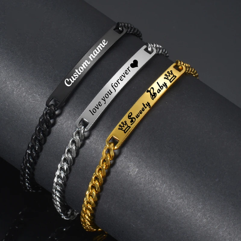 Bluelory Custom Name Bar Bracelets With Crown Stainless Stee Engrave Text ID Jewelry Bracelet For Girls Lover Jewelry Gift