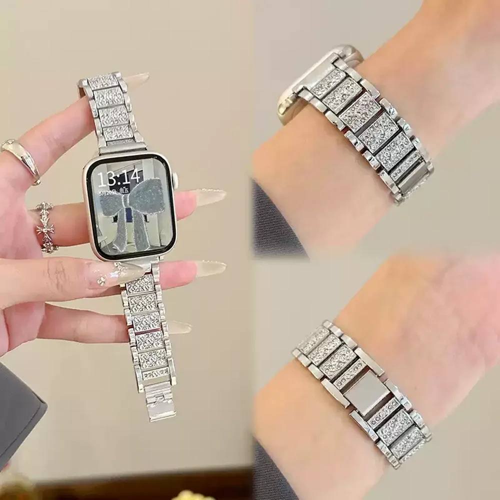 

Ремешок с бриллиантами для Apple Watch Band 49-45-40 мм 44-41 мм 46-42 мм Металлический ремень для IWatch Series 10 9 8 7 SE 6 5 Женский браслет