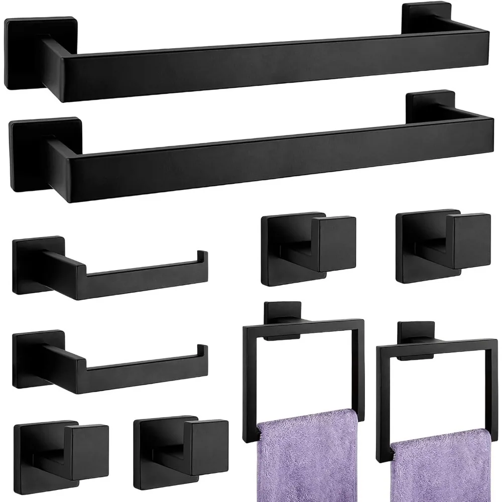 

10-Piece Matte Black Bathroom Hardware Set: Towel Rack, Toilet Paper Holder, Rings & Hooks - SUS304 Stainless Steel