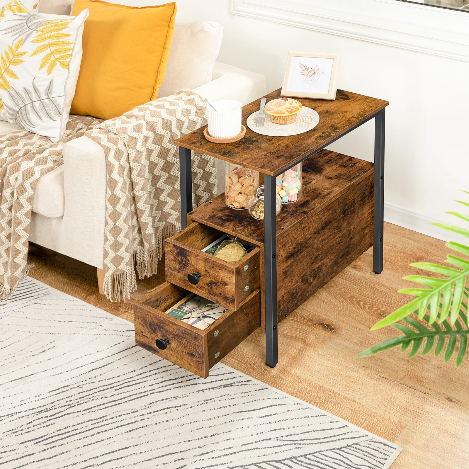 HOOBRO-mesita de noche para espacios pequeños, mueble de madera con cajón y estante de almacenamiento abierto