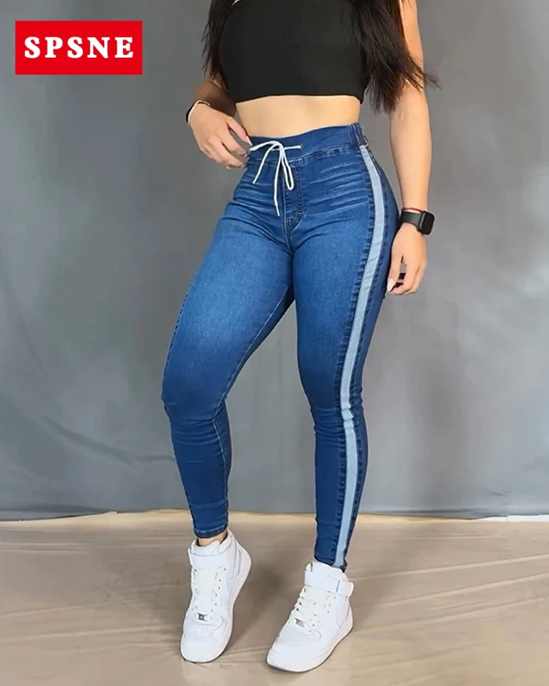 Lace-up skinny casual jeans New Fashion Sexy Blue Stripe Hip Lift High Waisted Women's Flare Pants with Zipper Closure