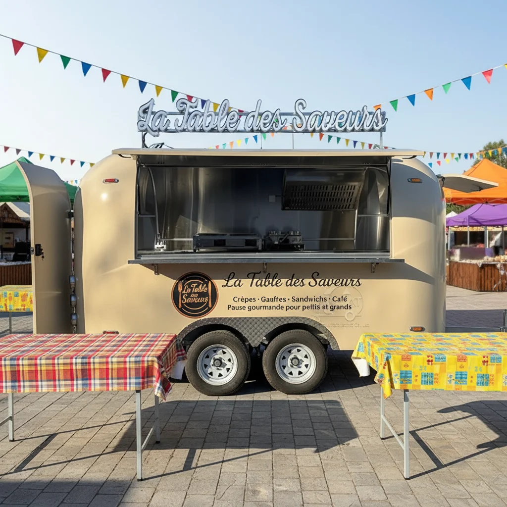 Beige Dual Tandem Axle Stainless Steel Crepe Waffle Candy Food Trailer for Retro Style Rust Resistant Features for Street