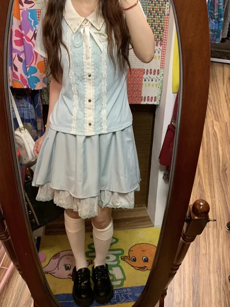 ชุดกระโปรงและเสื้อผ้าฤดูร้อนสีน้ำเงินสำหรับผู้หญิง แฟชั่นสไตล์ญี่ปุ่น ชุดสูทสองชิ้นสำหรับผู้ใหญ่