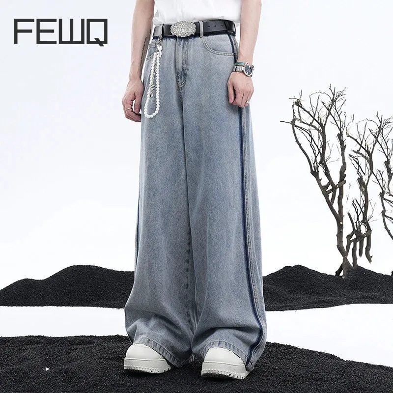 FEWQ Summer Blue Cleanfit Men's Jeans Korea Fashion Washed Loose Straight Leg Pants 2024 High Street Male Trousers 24E1129