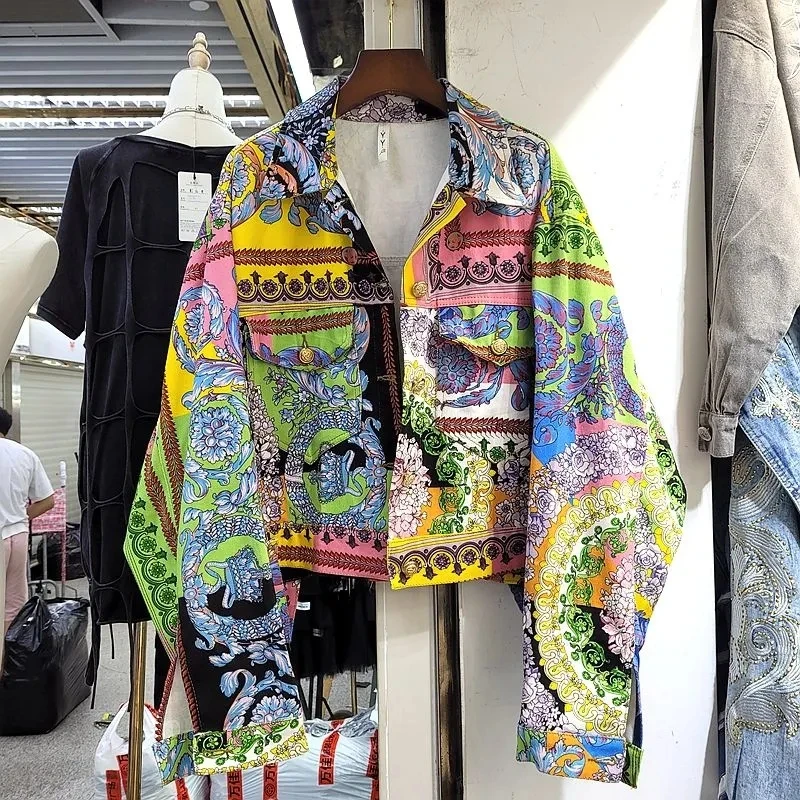 2024 Spring and Autumn New Female Korean Version Of Long-sleeved Printed Short Denim Coat Women Retro Graffiti Color Jacket Tide