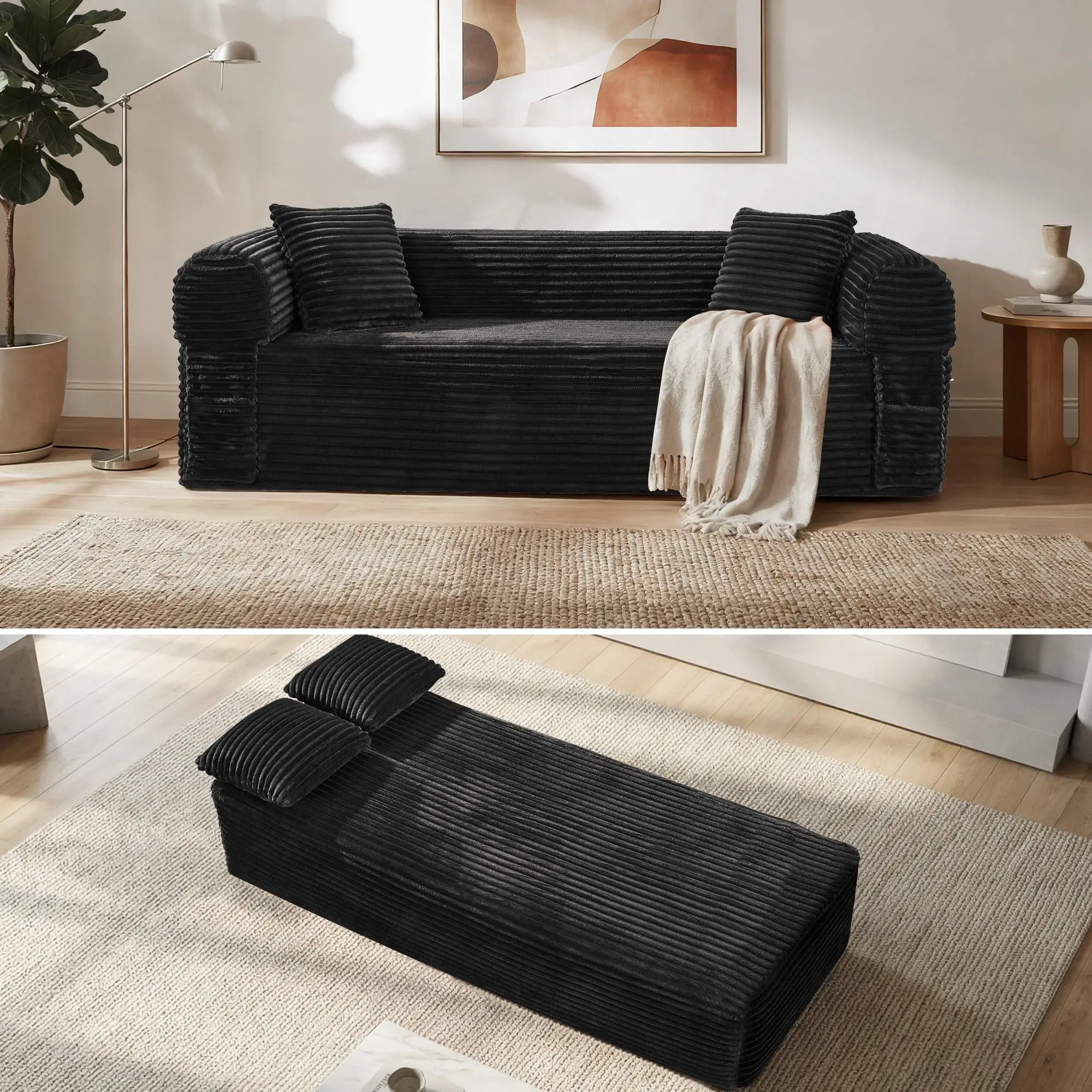 

Convertible Corduroy Sofa Bed 83 Inch 3 Seater No Assembly With 2 Pillows Removable Backrest