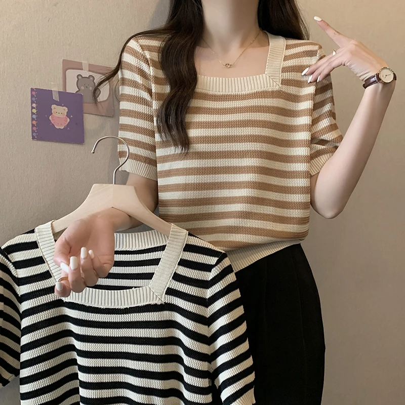 

2023 Summer New Sweet Ladies Square Neck Ice Stripe Top Fat MM Slim Short Sleeve T-shirt