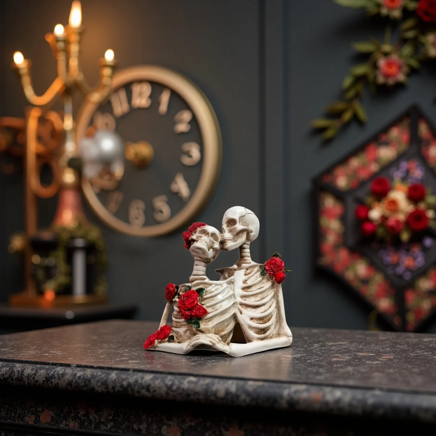 Skeleton Couple Figurine, Skeleton Couple Embracing Sculpture, Wedding Roses Skeleton Couple Staue, Halloween Decoration