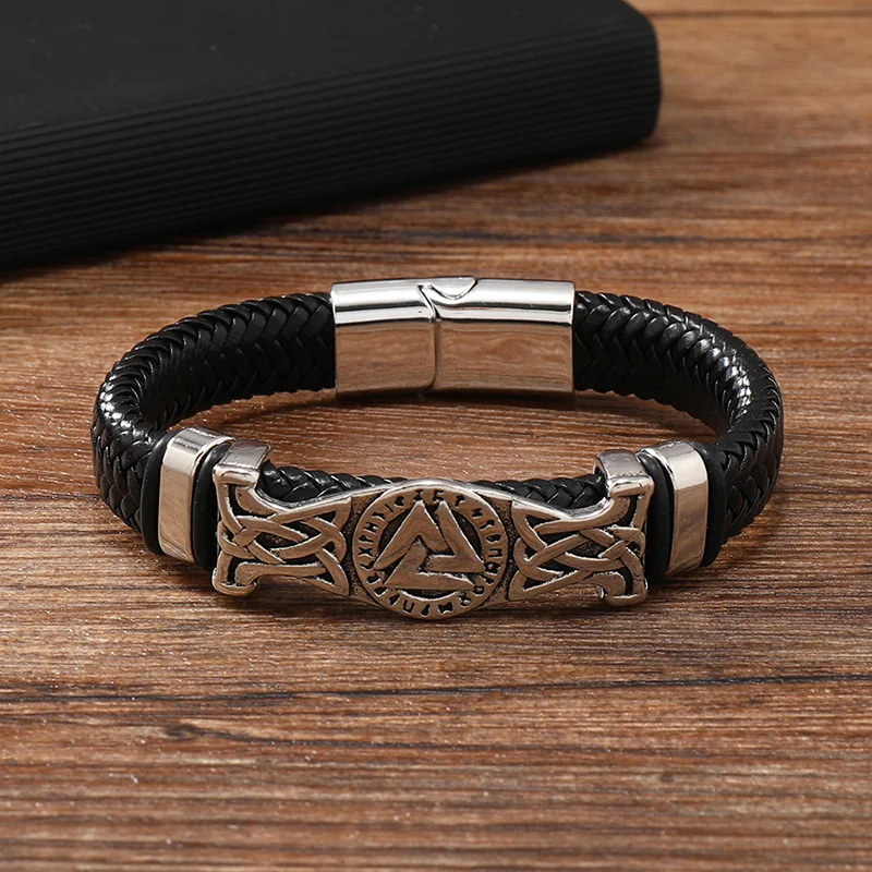 Vintage Viking Woven Leather Bracelet Nordic Celtic Knot Valknut Symbol Magnetic Bangle For Men Jewelry