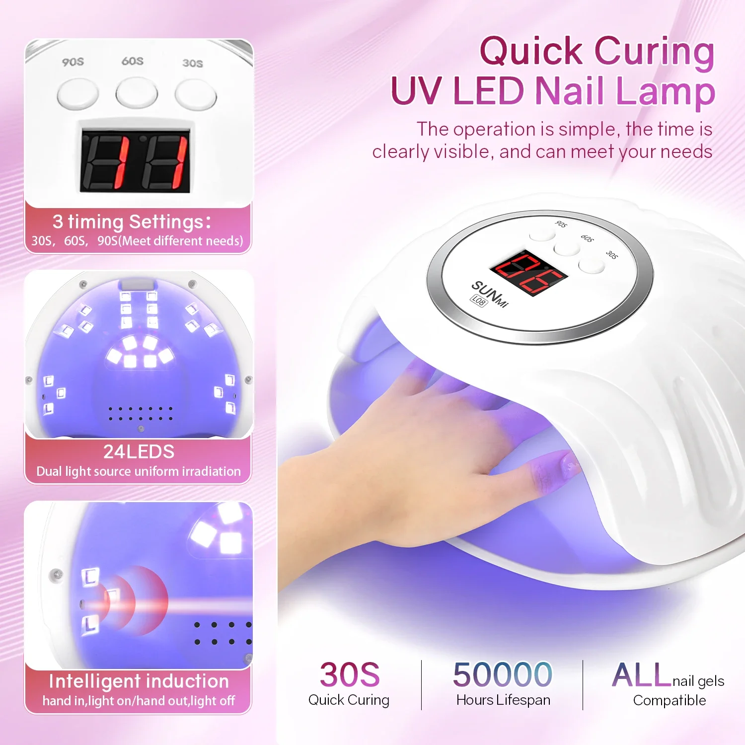 LED Nail Lamp 72W for Gel Nails Fast Curing Dryer with 24 LEDS 3 Timers Professional UV Light for Home Salon Nail Art Tools