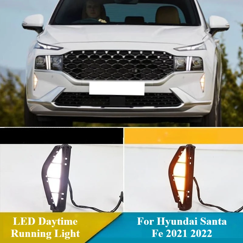 

2PCS LED Daytime Running Light For Hyundai Santa Fe 2021 2022 DRL Dynamic Turn Signal Fog Lamp Day Light Front Bumper Fog Lamp