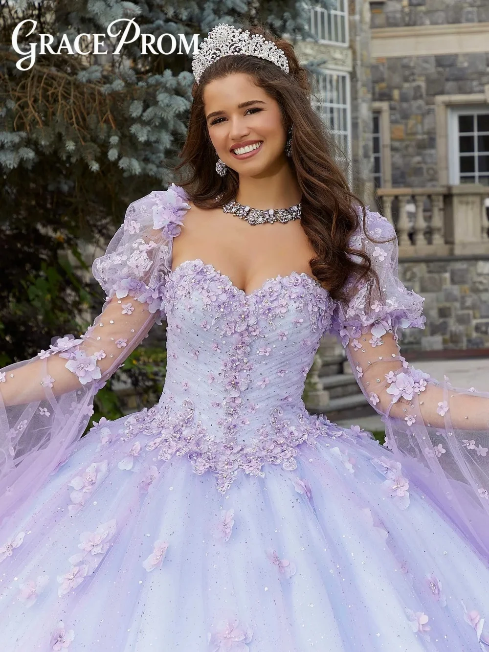 GraceProm Lavender Quinceanera Dress 3D Flower Tulle Ball Gown Sparkly Off Shoulder Formal Sweet 16 Prom Gown