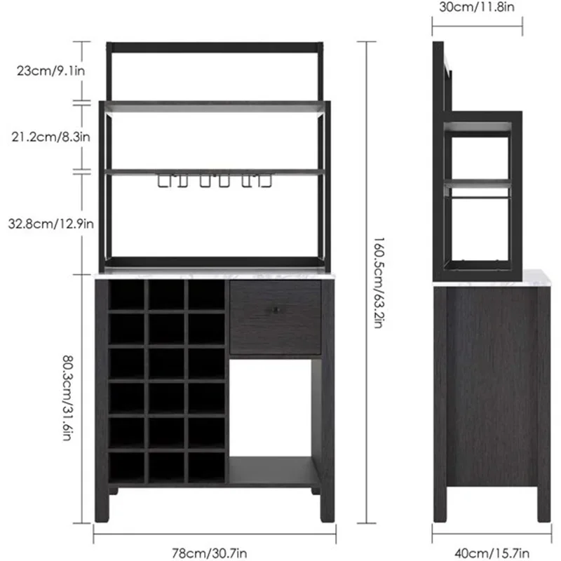 Vinho Buffet Gabinete com Garrafa Rack e Suporte de Vidro, Servindo Bar Mesa, 3 Prateleiras Gaveta, Armazenamento Aberto, 18 Garrafa Rack