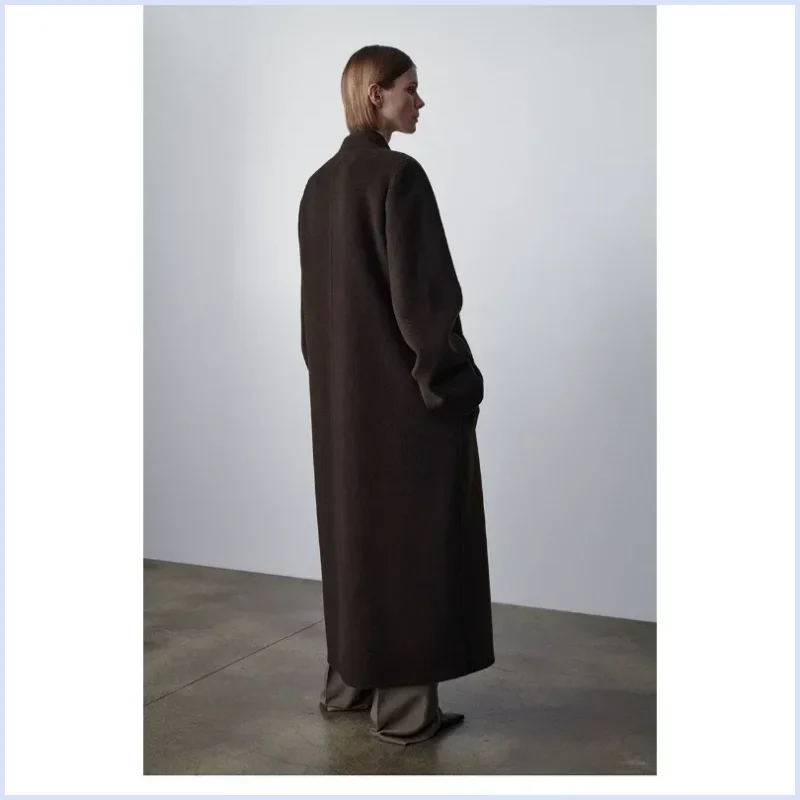 

Elegant temperament, versatile over the knee V-neck casual concealed button double-sided wool cashmere coat