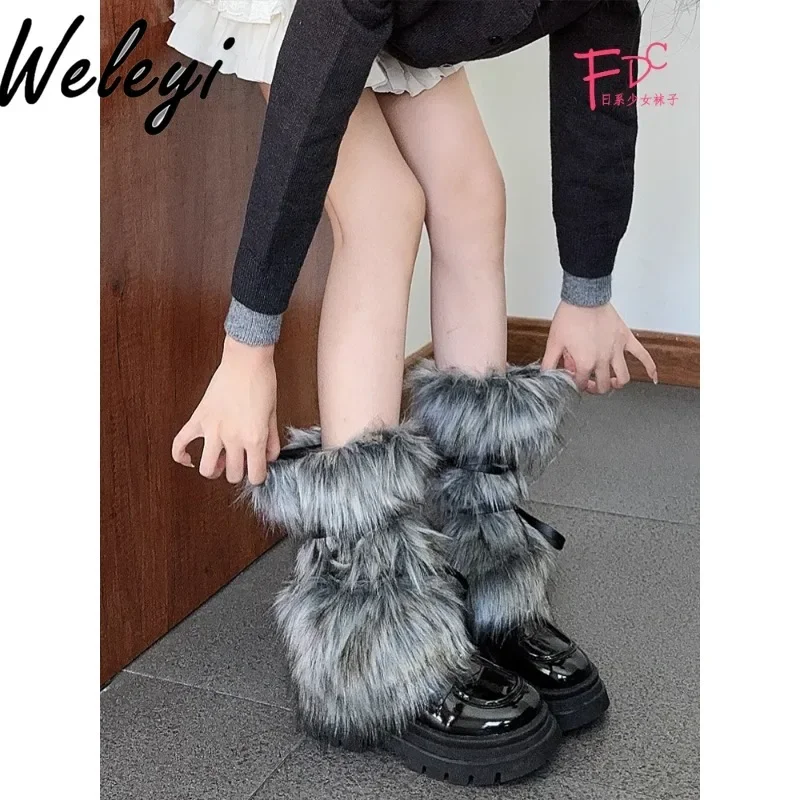 Y2K Leg Warmers Harajuku Female Grey Foot Covers Babes Ins Plush Pile Leg Socks Fall Winter Fur Furry Socks Covers for Women