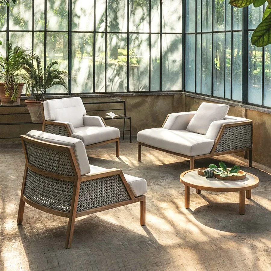 

Customized high-end outdoor teak sofa courtyard villa outdoor garden furniture terrace rattan balcony sofa coffee table