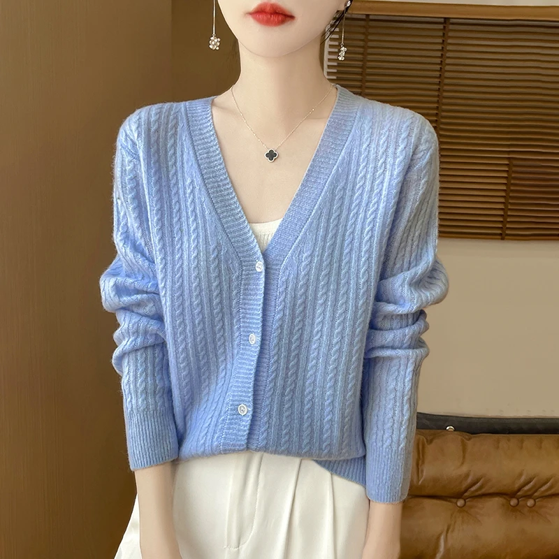 

V-Neck Knitted Cardigans for Women, Long-Sleeved Sweater, Monochrome Pullovers, Single-Breasted, Fashionable Korean Style-ZD3007