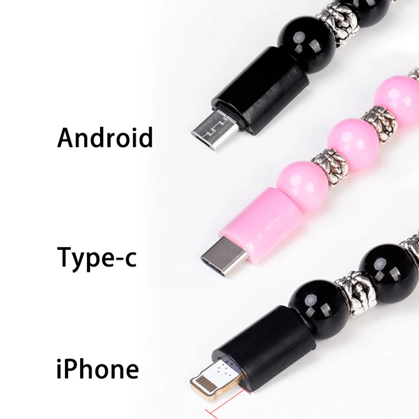 Creative Micro USB Type C Beaded Strand Bracelet Women Men Data Charger Cable Solid Cord for iPhone 6 7 X Samsung S7 S10