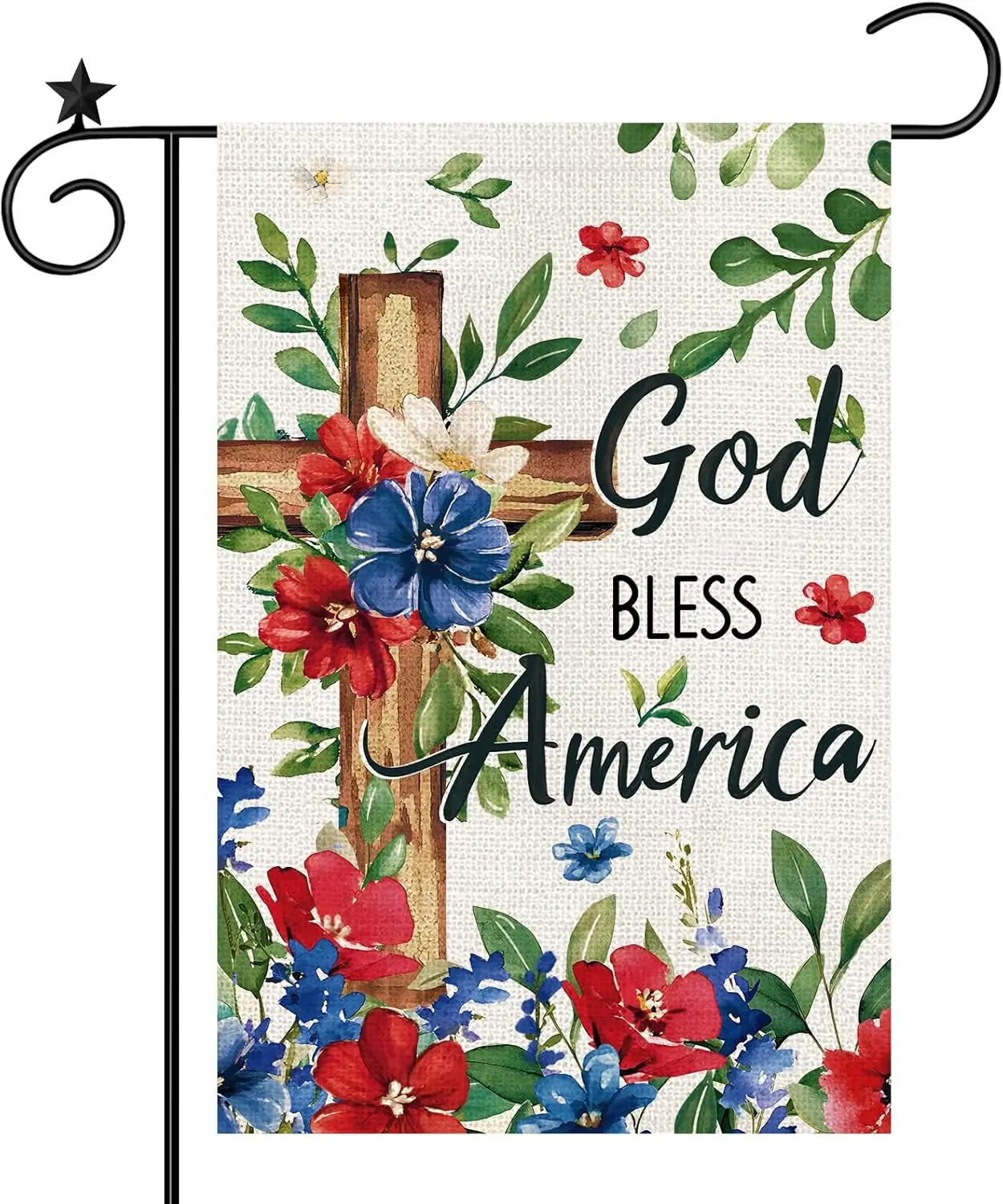 Memorial Day Patriotic 4th of July Garden Flag Double Sided, Cross Floral God Bless America Small Burlap Garden Flag for Out yyi
