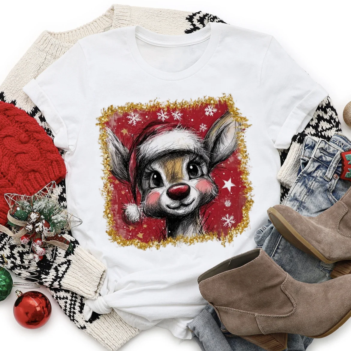 Merry Christmas T-Shirt Reindeer Christmas Hat Snowflake Print Pattern Casual Women's Cute Versatile Top Printed O-Neck T-Shirt