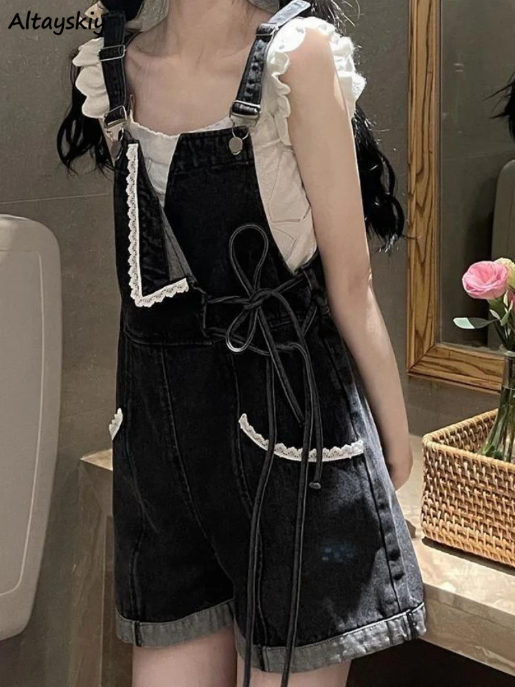

Solid Rompers Women Denim Wide Leg Lace Fashion Korean Style Spring Students Lovely All-match Baggy Leisure Girl Popular Daily
