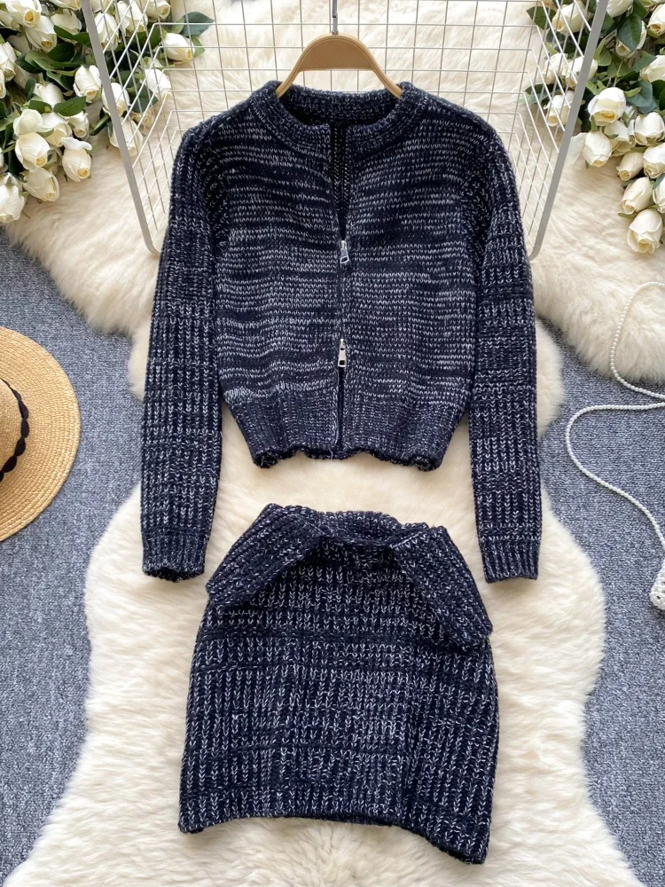 Fashion Casual Sweater 2 Piece Set Women Zipper Long Sleeves Tops + Elatic Waist Wrapped Hip Skirt Female Autumn Knitted Suits