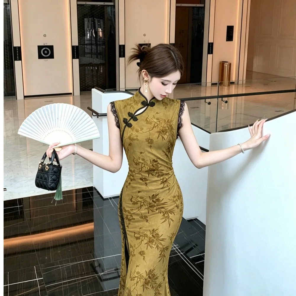 Slimming Ice Silk Velveted Sleeveless Stand Collar Dress Elegant High Waist A-Line Long Skirt Vintage New Summer Fashion view 3