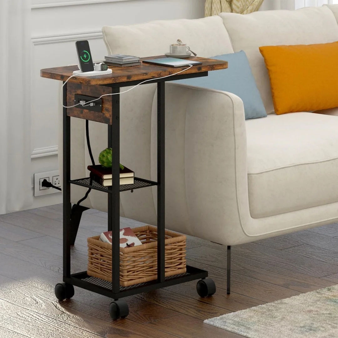 End Table with Charging Station Sofa Couch Table with USB Ports and Outlets Nightstand with Wheels and Shelf, Narrow Nightstand