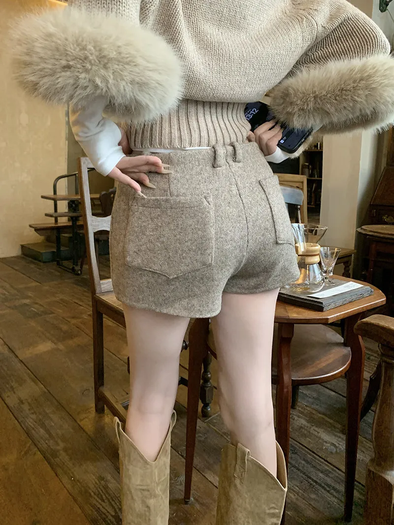 Retro Khaki Woolen Casual Shorts Women Winter High Waist Wrap around Pants Straight Leg Small Size A-Line Hot Pants