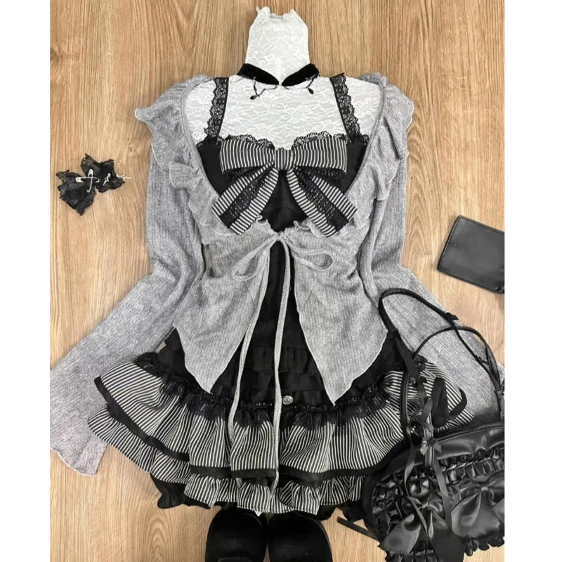 Sweet Bow Lolita 3 Pcs Set Swomen 2024 Autumn Lace Up Ruffles Cardigan Sexy Slim Strapless Vest Top High Waist Ruched Skirt Suit