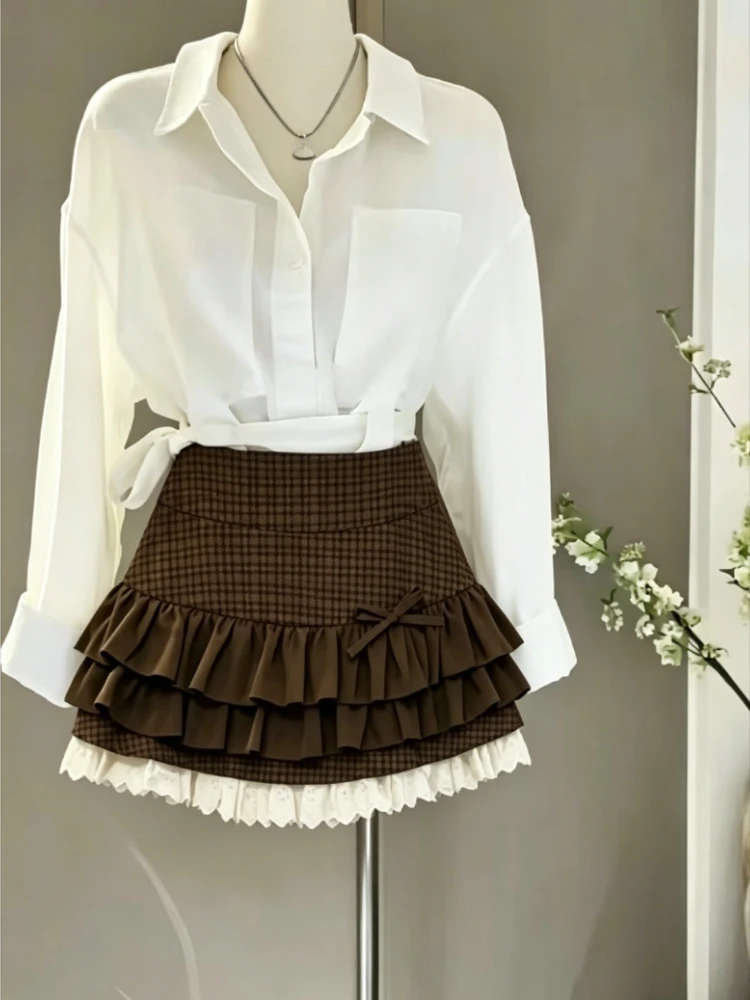 

Ladies Preppy Style Bow Knot A Line Mini Short Skirt Y2K 90s High Street Fashion High Waist Skirt Daily Summer Casual New Wear