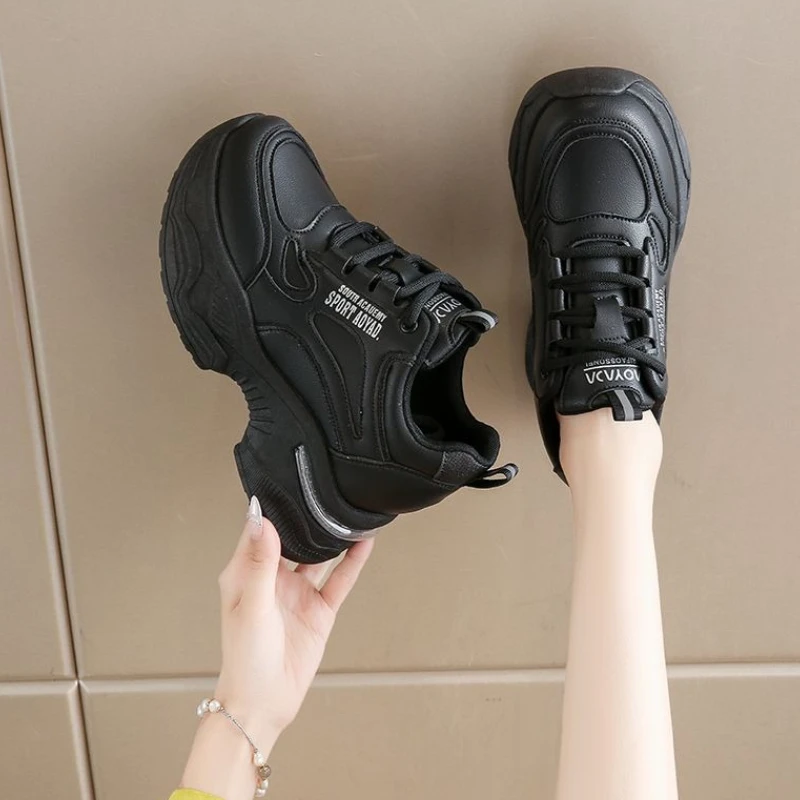 

Autumn Fashionable Leather Upper Dad Shoes Women's Thick Sole Casual Versatile Hidden Height Increase Breathable Sporty Shoes
