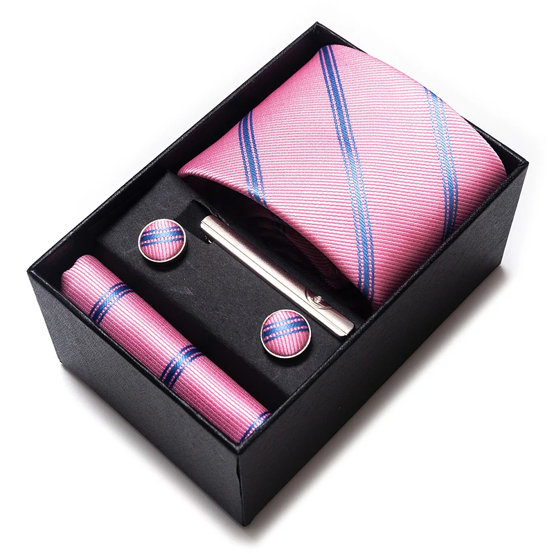 Wholesale Brand Silk Tie Pocket Squares Cufflink Set Box Necktie Cravat Man Blue Dot Wedding Accessories Fit Office Business